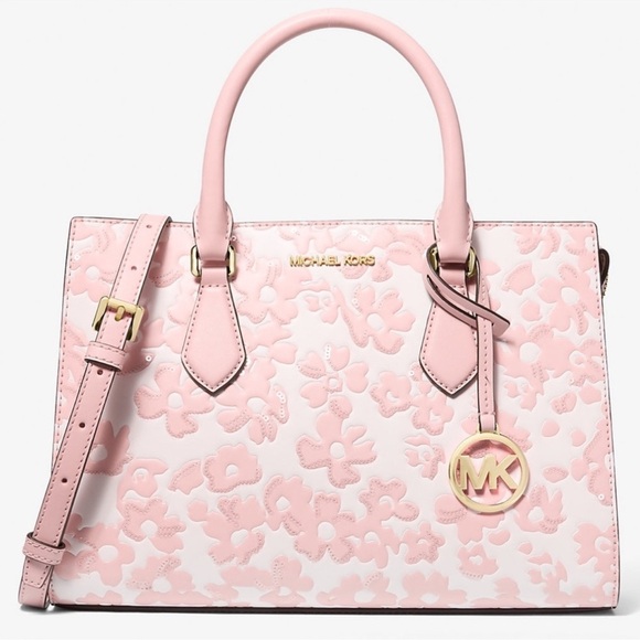 Michael Kors Sheila Medium Sequined Floral Satchel Bag Powder Blush Multi - Picture 1 of 11